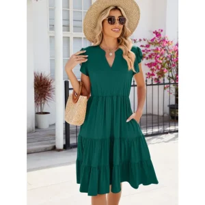 Women's Elegant Solid Color Ruffled Sleeve Dresses For Women Loose V Neck Pleated Ruffle Summer Female 2025 New Midi Dress